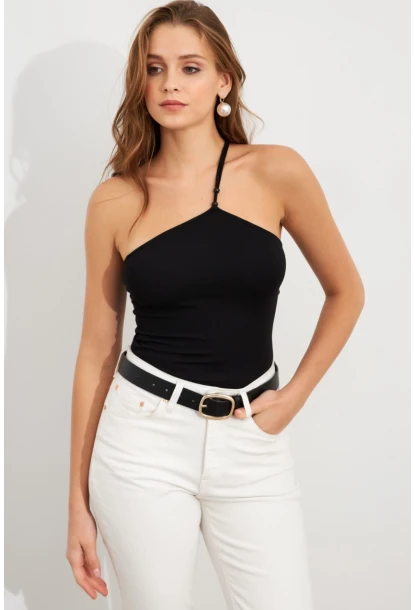Kadın Siyah İp Askılı Çıtçıtlı Body ZH014