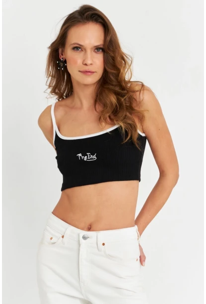 Kadın Siyah İp Askılı Crop Bluz ALB201