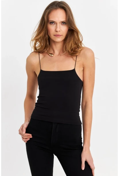 Kadın Siyah İp Askılı Crop Bluz EV63