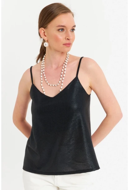 Kadın Siyah İp Askılı Parlak Bluz RSP1094