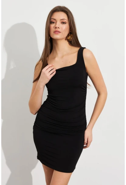 Kadın Siyah Kare Yaka Büzgülü Mini Elbise FRY2308