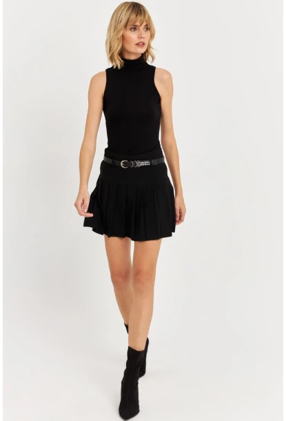 Kadın Siyah Kemerli Pilili Mini Etek ELA6024