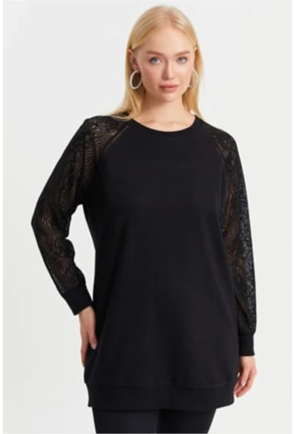 Kadın Siyah Kolları Dantel Sweat Tunik İZ16BİG