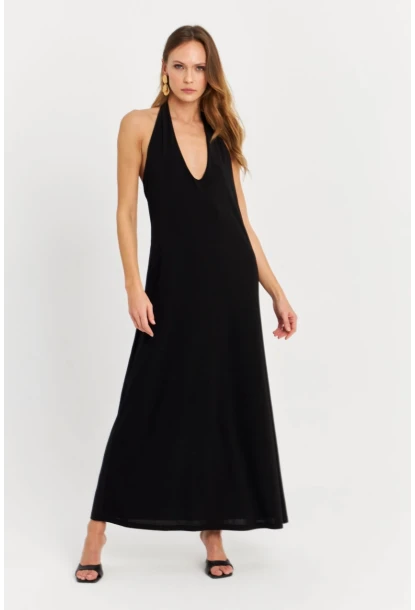 Kadın Siyah Kolsuz Midi Elbise TF73