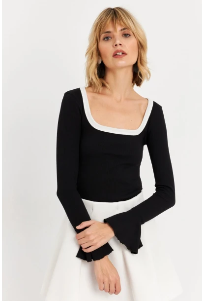 Kadın Siyah Kontrast Yaka İspanyol Kol Bluz ALB3105