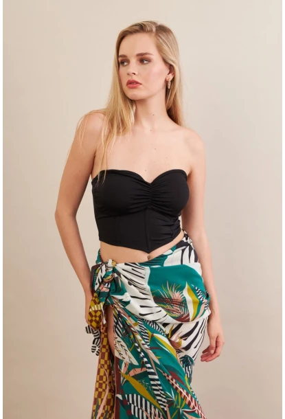 Kadın Siyah Korse Dikişli Crop Bluz AN6025