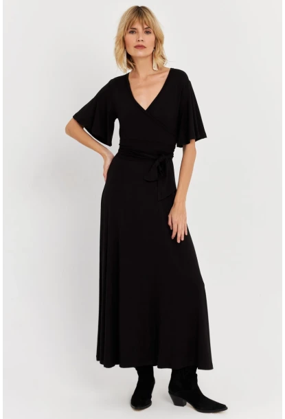 Kadın Siyah Kruvaze Bağlamalı Maxi Elbise EY3038