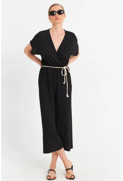 Kadın Siyah Kruvaze Bürümcük Tulum OR10007