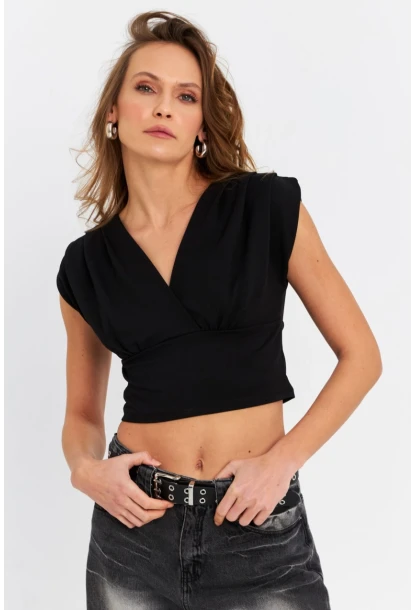 Kadın Siyah Kruvaze Crop Bluz SDY1234