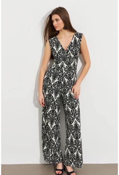 Kadın Siyah Kruvaze Yaka Desenli Bürümcük Tulum MP430