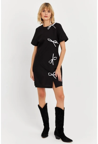 Kadın Siyah Kurdele Detaylı Mini Elbise DAF5025