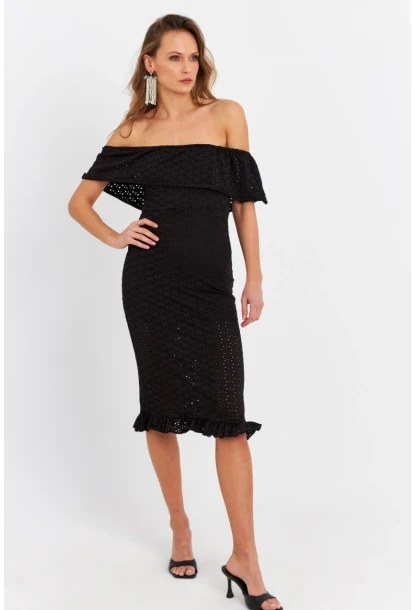 Kadın Siyah Madonna Yaka Astarlı Midi Elbise LİT105