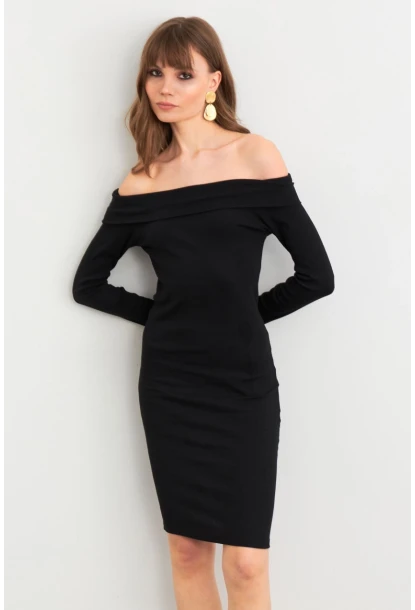 Kadın Siyah Madonna Yaka Kaşkorse Midi Elbise ALB3690