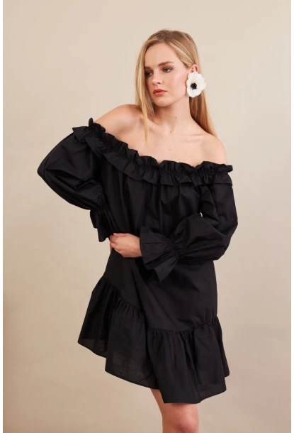 Kadın Siyah Madonna Yaka Midi Elbise PSG1012