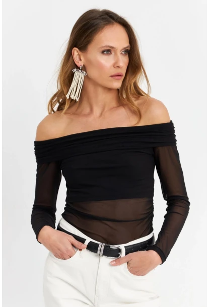 Kadın Siyah Madonna Yaka Tül Bluz MTK13241