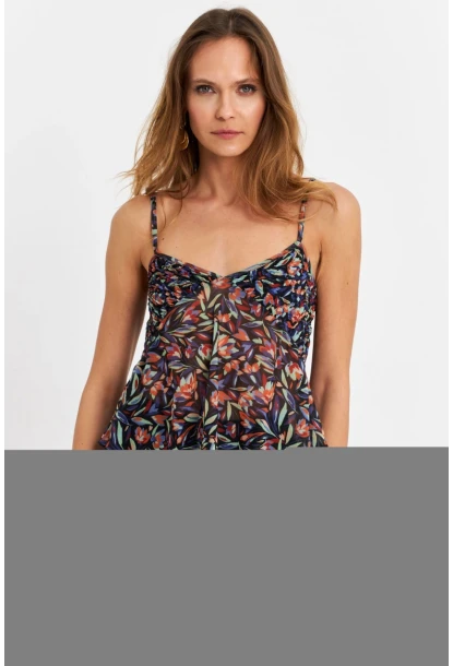 Kadın Siyah-Mor Desenli Tül Crop Bluz SB309