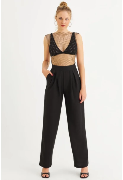 Kadın Siyah Muslin Cepli Pantolon RSP5003