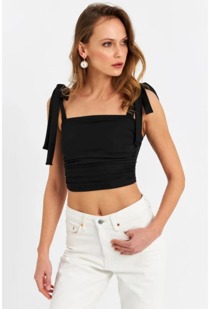 Kadın Siyah Omuz Bağlamalı Crop Bluz B5023-90
