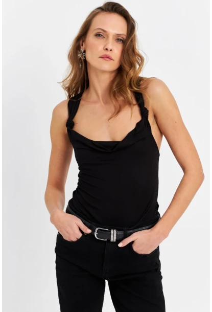 Kadın Siyah Omuzları Düğümlü Bluz EY3066