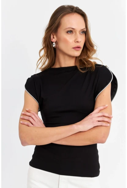 Kadın Siyah Omuzları Fermuarlı Bluz EY3062