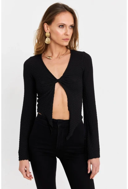 Kadın Siyah Önü Düğümlü İspanyol Kol Bluz SB353