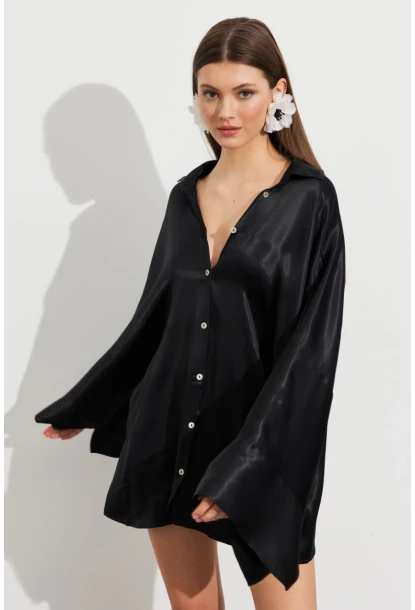 Kadın Siyah Oversize Gömlek ROP106