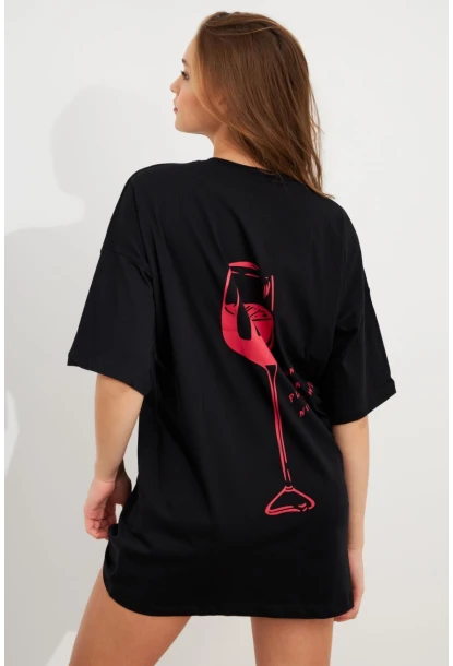 Kadın Siyah Oversize Pijama T-Shirt TPG14