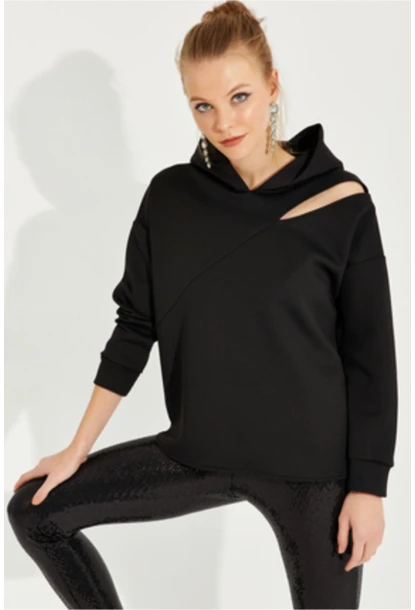 Kadın Siyah Pencereli Skuba Sweatshirt ROT1004
