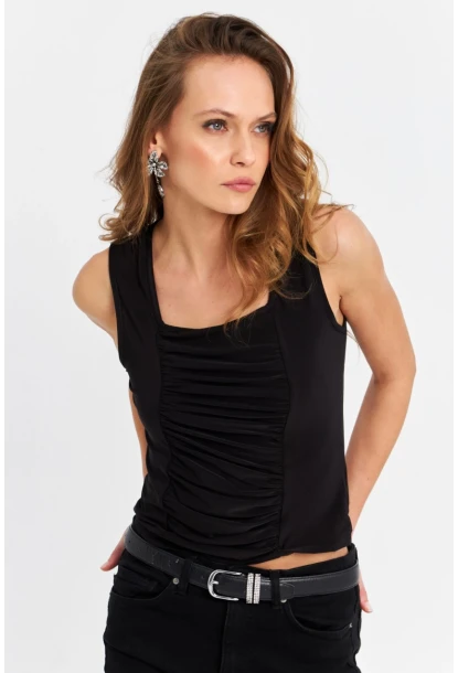 Kadın Siyah Pilili Bluz ELT165