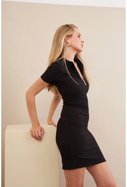 Kadın Siyah Polo Yaka Fermuarlı Mini Elbise MOD1994