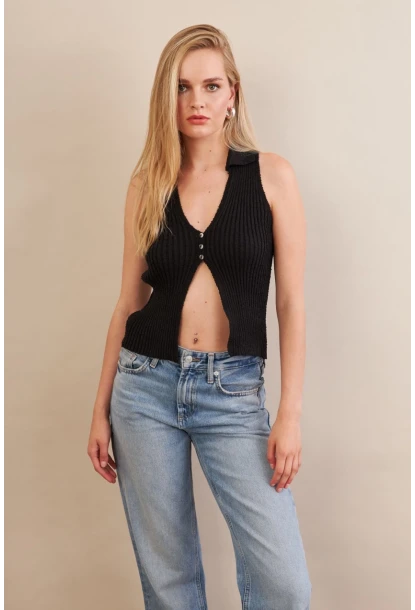 Kadın Siyah Polo Yaka Yumoş Yelek ZH050