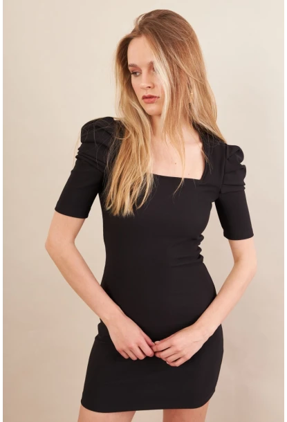 Kadın Siyah Prenses Kol Mini Elbise MOD202