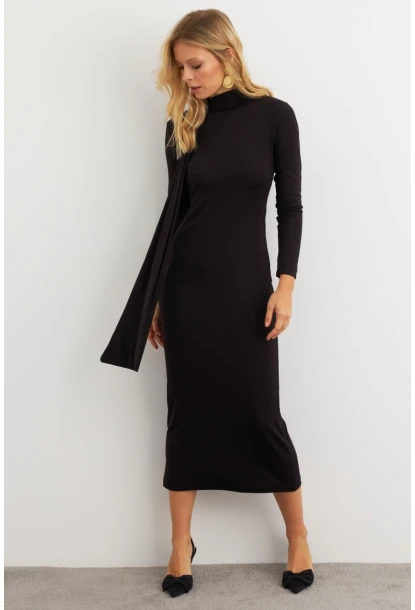 Kadın Siyah Şal Detaylı Midi Elbise MEY3010