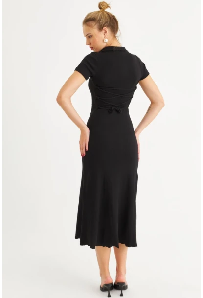Kadın Siyah Sırt Bağlamalı Kaşkorse Midi Elbise MFRY0001