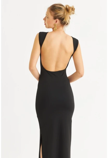 Kadın Siyah Sırtı Açık Midi Elbise YEL221672