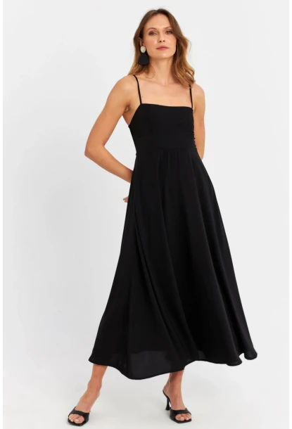 Kadın Siyah Sırtı Gipeli Astarlı Midi Elbise ERL10047