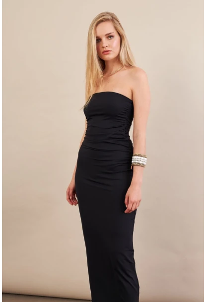 Kadın Siyah Straplez Büzgülü Midi Elbise MX2005