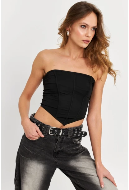 Kadın Siyah Straplez Crop Bluz B6081