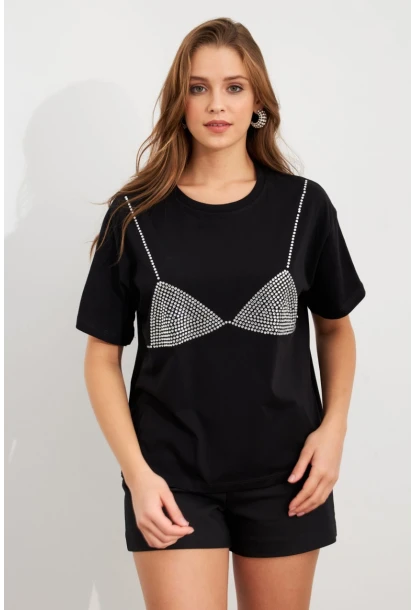 Kadın Siyah Straslı Oversize T-Shirt TPG13