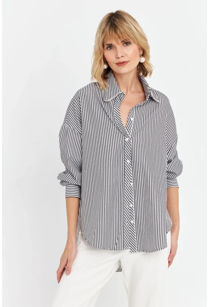Kadın Siyah Taş Detaylı Çizgili Gömlek KED4088