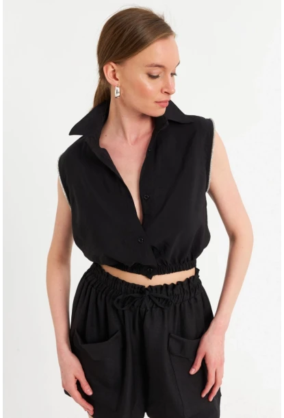 Kadın Siyah Taş Detaylı Crop Gömlek SUN200