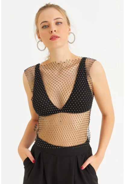 Kadın Siyah Taşlı File Bluz YEL221465