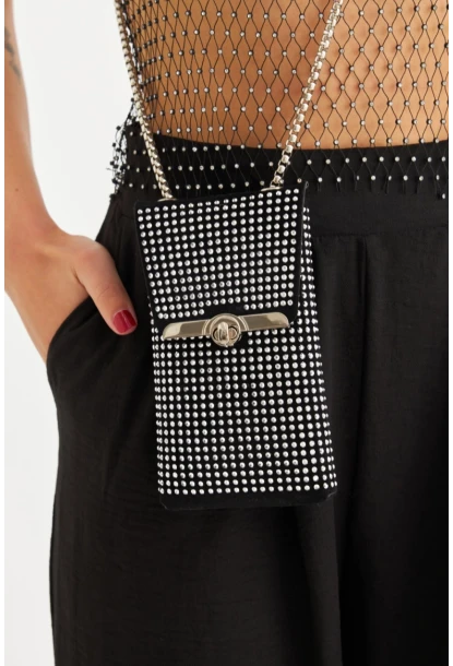 Kadın Siyah Taşlı Süet Telefon Çantası FİR101