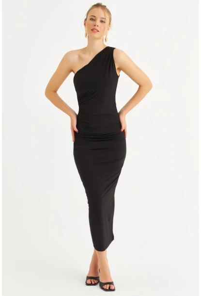 Kadın Siyah Tek Omuz Büzgülü Midi Elbise DMR294-90