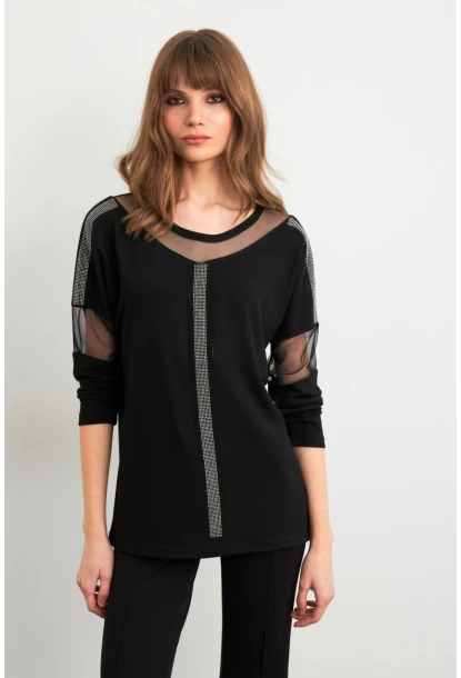 Kadın Siyah Tül Detaylı Taşlı Bluz PRO4050