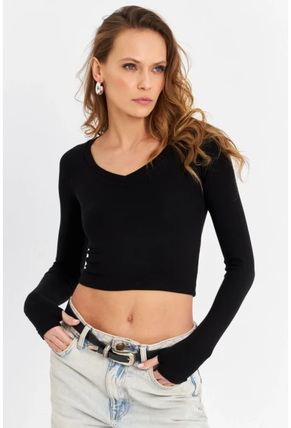 Kadın Siyah V Yaka Crop Bluz DMR389