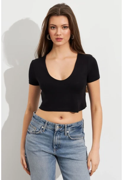 Kadın Siyah V Yaka Crop Bluz TOP101