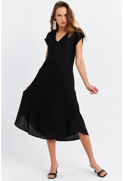 Kadın Siyah V Yaka Midi Elbise PC22649