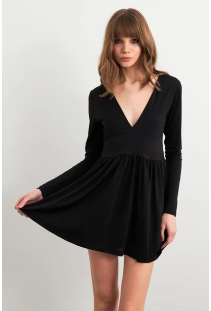 Kadın Siyah V Yaka Mini Elbise LİK17
