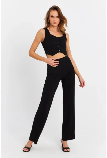 Kadın Siyah Yelekli Pantolon Takım RU9623